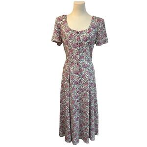 Vintage Joni Blair Floral Lace Up Back Midi Dress Cottagecore Romantic Whimsy M